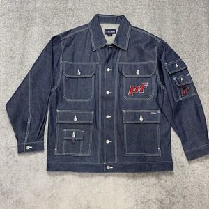 Vintage Denim Jacket Embroidery PF Street Hip Hop Mechanic Size Large